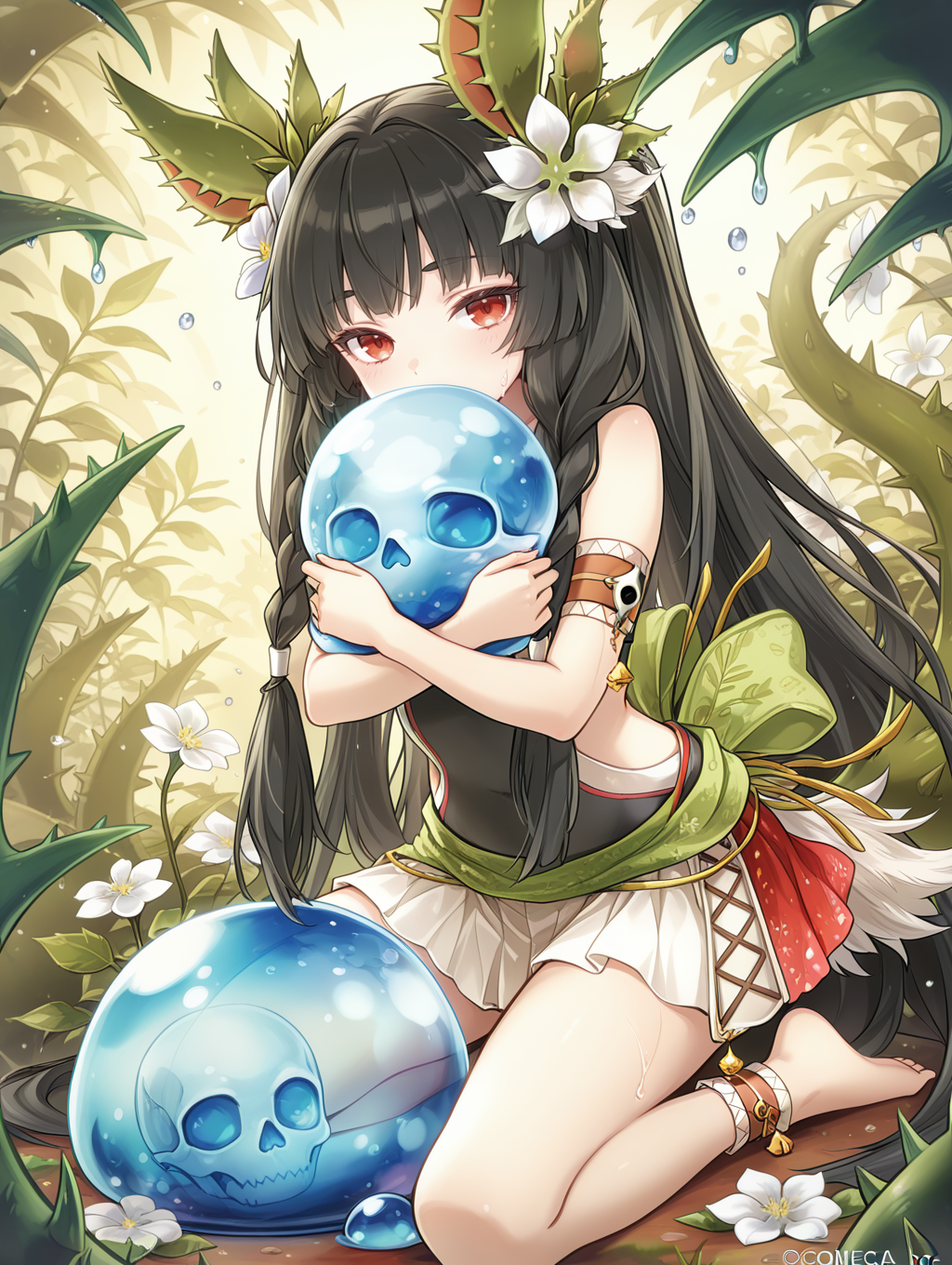 traptrix dionaea, 1girl, solo, skull, barefoot, plant, venus flytrap, in venus flytrap, vines, kneeling, looking at viewer, venus flytrap ears, water drop, plant girl, hugging slime, holding white flower, slime, covering mouth, white hair flower, red armband, red anklet, green back bow, white strapless shirt, white skirt, official art, twin braids
masterpiece,best quality,amazing quality,very aesthetic,absurdres,newest,<lora:Traptrix Dionaea illuXL v1.1:0.82>,