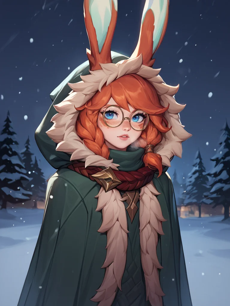 score_9, score_8_up, score_7_up, <lora:Aurora:1>, aurora (league of legends), 1girl, solo, blue eyes, rabbit tail, rabbit ears, freckles, green cloak, fur trim, (hood up), breath, snowing, night, outdoors, round eyewear, ears through headwear,