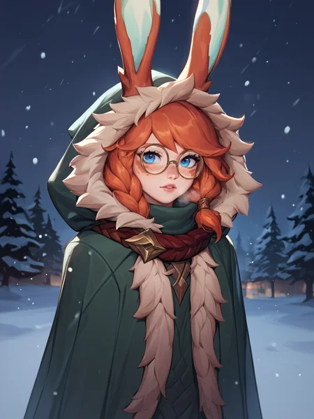score_9, score_8_up, score_7_up, <lora:Aurora:1>, aurora (league of legends), 1girl, solo, blue eyes, rabbit tail, rabbit ears, freckles, green cloak, fur trim, (hood up), breath, snowing, night, outdoors, round eyewear, ears through headwear,