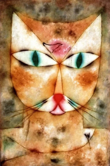 paulklee1 painting. A cat with a symmetrical face and exaggerated, almond-shaped eyes. One eye is turquoise blue, the other is a darker blue. There is a bird standing above the cat's eyes. <lora:paulklee1_cap_d8a4e12:1.0><lora:839854350772749580:0>