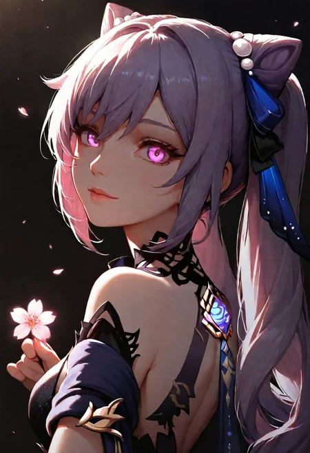 1girl, Keqing Genshin Impact, Opulent Splendor, glowing eyes, lips, thin lips, solo, looking at viewer, charming smile, holding flower, chupa chups, upper body, from below, back lighting, dark, multicolored background, masterpiece, cherry blossom, best quality, very aesthetic