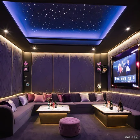 <lora:JJsKaraokeRoom_XL:1>,((Karaoke Room)), ((dramatic lighting)), Masterpiece, high quality, best quality, authentic, super detail , high quality, ceiling light,no humans, . night, highly detailed, screen, sofa, table,