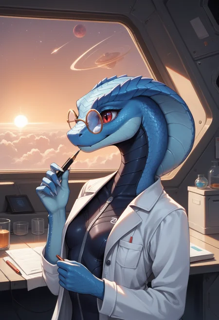 score_9, score_8_up, score_7_up, source_furry, high quality, perfection, detailed, aesthetic, well-lighted,
indoors, spacecraft, zero gravity, cosmos, space,
1girl, solo, upper body, 
scalie female, anthro, scaly body, scales, beautiful girl, cute girl, young, youthful, beautiful face, beautiful eyes, perfect eyes, detailed eyes,
snake girl, light-blue skin, light-blue scales, small breasts, petite, red eyes, good hands,
clothed, (lab coat:1.2), oversized lab coat, doctor, (plugsuit:1.2), tight suit, glasses,
holding pen,