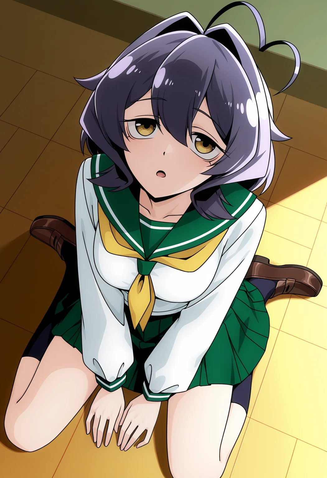 <lora:Hiiragi Utena_illustrious-000028:1>,
Hiiragi Utena,green sailor collar,solo,ahoge,school uniform,skirt,green skirt,neckerchief,open mouth,yellow neckerchief,sailor collar,sitting,long sleeves,serafuku,hair intakes,shirt,brown footwear,loafers,white shirt,pleated skirt,seiza,from_above,wariza,looking up