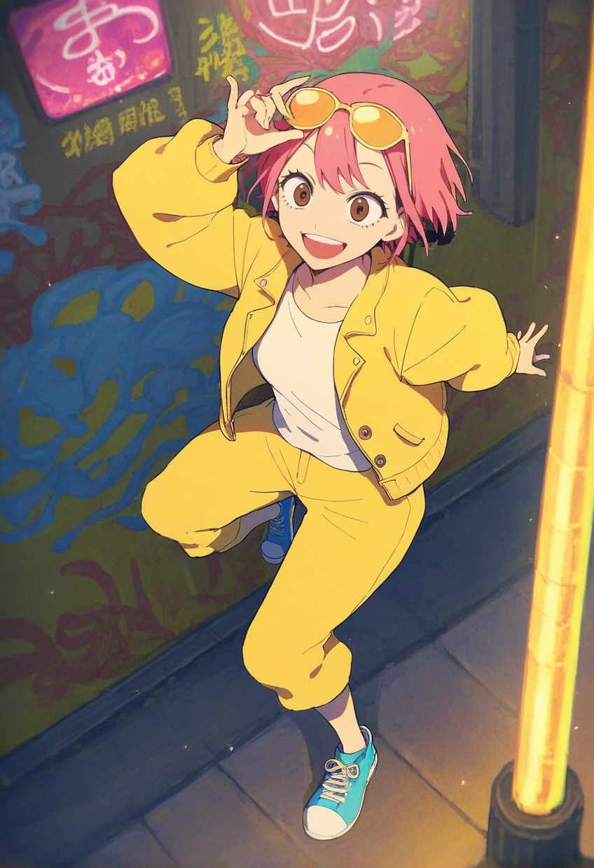 score_9, score_8_up, score_8,
 <lora:Tora_Kororon_for_PonyXL:0.8> 1girl, t0ra, pink hair, short hair, solo, brown eyes
outoors, japan, neon, street, smile, open mouth, yellow jacket, pink graphics shirt, yellow chino pants, blue sneakers, yellow sunglasses on head