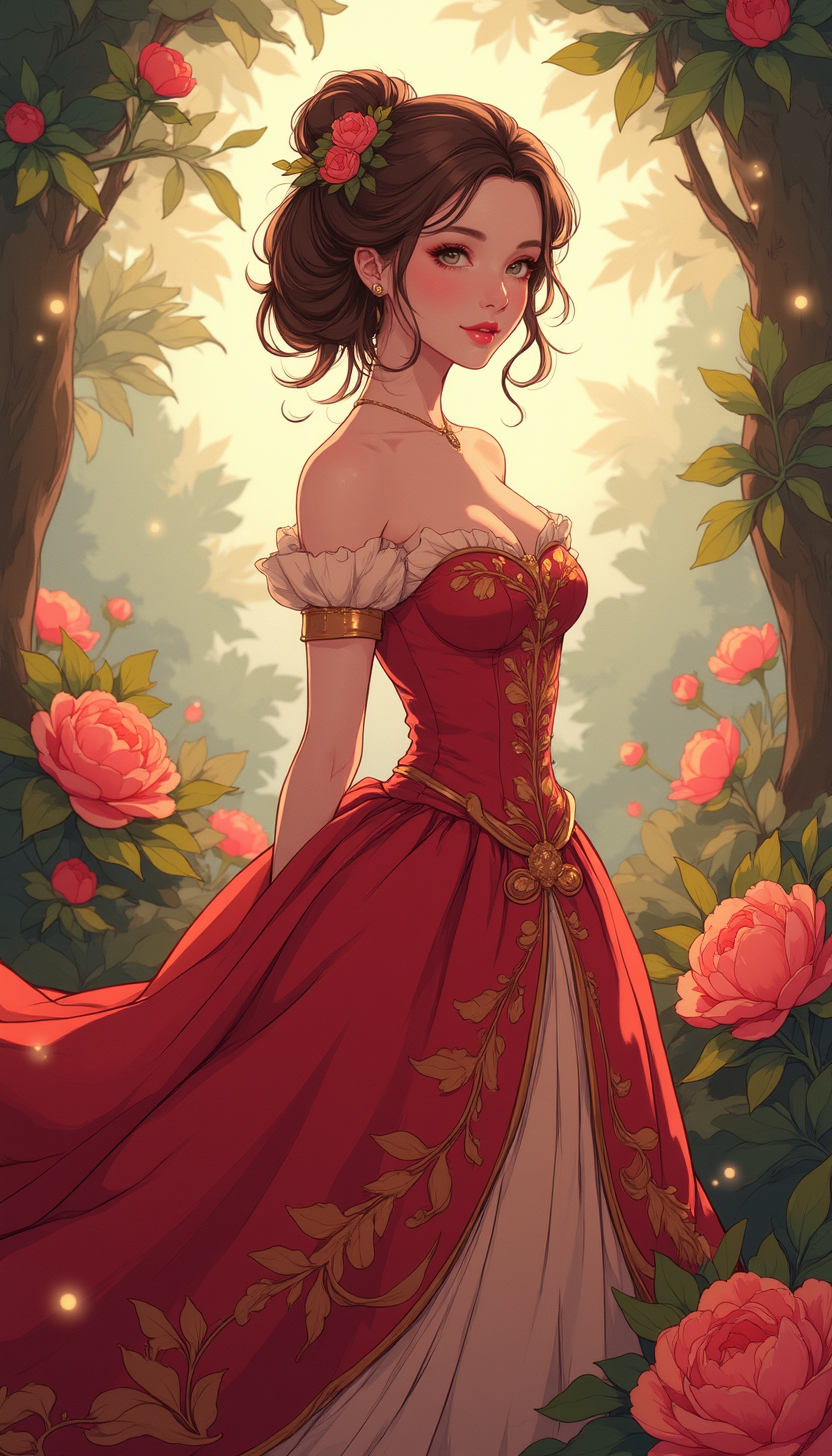 A high-quality, whimsical digital artwork in the style of pinksoftcoreanime, 
A princess with chestnut brown hair styled in a voluminous bun, with small roses and vines framing her face. She wears a romantic red and gold gown with intricate rose-patterned embroidery and a long, flowing train. The background is a lush, enchanted rose garden, with glowing fireflies and soft sunlight filtering through the trees.