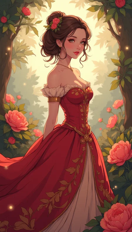 A high-quality, whimsical digital artwork in the style of pinksoftcoreanime, 
A princess with chestnut brown hair styled in a voluminous bun, with small roses and vines framing her face. She wears a romantic red and gold gown with intricate rose-patterned embroidery and a long, flowing train. The background is a lush, enchanted rose garden, with glowing fireflies and soft sunlight filtering through the trees.