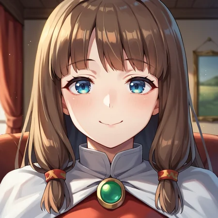 score_9, score_8_up, score_7_up, score_6_up, source_anime, BREAK, <lora:Katia:0.8> , kadef, 1girl, brown hair, long hair, hair tubes, blue eyes, white cape, cape, brooch, green brooch, red crop top, face, upper body, close-up, looking at viewer, closed smile, sad smile,  <lora:zy_Detailed_Backgrounds_v1:0.3> , detailed background, highly detailed, interior, fancy house, living room,