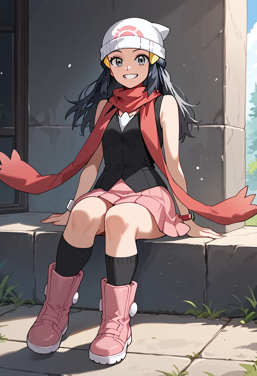 Mimicking holding a cute bunny, smile, teeth,  <lora:DawnPony-10:1>Dawn_Def, long hair, black hair, hair ornament, grey eyes, beanie, white headwear, shirt, black shirt, sleeveless shirt, bracelet, scarf, red scarf, skirt, pink skirt, socks, black socks, boots, pink footwear,, score_9, score_8_up, score_7_up, score_6_up, score_5_up, score_4_up,