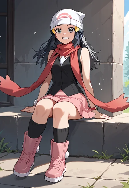 Mimicking holding a cute bunny, smile, teeth, <lora:DawnPony-10:1>Dawn_Def, long hair, black hair, hair ornament, grey eyes, beanie, white headwear, shirt, black shirt, sleeveless shirt, bracelet, scarf, red scarf, skirt, pink skirt, socks, black socks, boots, pink footwear,, score_9, score_8_up, score_7_up, score_6_up, score_5_up, score_4_up,