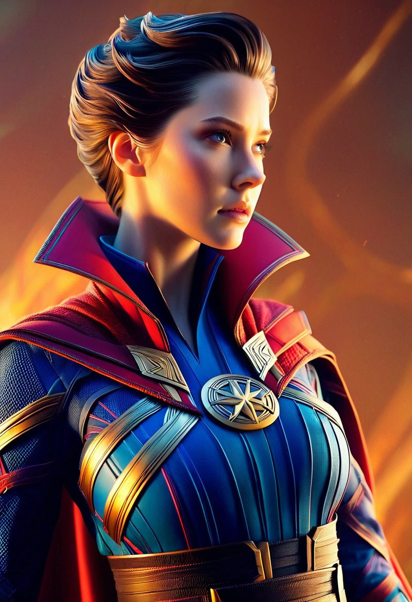 A young woman, hyper-realistic, wearing a intricately detailed Doctor Strange outfit, with a mystical aura, soft lighting, and a warm color palette, captured in a close-up shot from a slightly low angle, emphasizing her determined expression, with subtle shadows and textures, in the style of a cinematic digital painting.