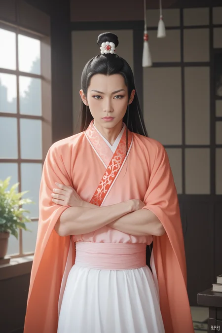 score_9, score_8_up, score_7_up, source_photo, looking at viewer, solo, 1boy, standing, hanfu, gradient dress, toned, crossed arms, hair bun, pale skin, long hair, black hair, asian, black eyes, blush, hair ornament, realistic, <lora:ahliponyv1-000001:0.85>