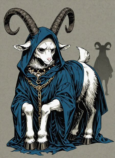 GoatWizard, custom artisanal painting by Prog420ress, vector art, aesthetically pleasing painting of a bipedal artiodactyls goat wizard, furry style, (an anthropomorphic goat:1.4), solo goat wizard, inhuman bipedal goat,hooves as hands, cloven hooves, goat limbs, anthropomorphized intelligent goat wizard, illustration in dark menacing colors, quasi-realistic manga-style color painting, (depth of field:1.6), stained blotter paper medium,black navy blue gradient, ink wash painting, art nouveau, artgerm, Forgotten Realms art style, interpretive halftone, dust particles, organic earthy influences, colorful, mucha style, artgerm mucha, artgerm portrait, set in an alternate dimension, (white goat furry:1.1),
GoatWizard, male, masculine, powerful, filthy, rugged, grungy, dirty goat, sunken recessed eyes, skeletal anthro goat, dewclaws and soft tissue pads, allows them to effectively navigate diverse terrains. male anthropomorphic goat wizard chewing a discarded tin can, (long wizard robe, long draping sleeves, tapered wizard sleeves:1.2), spiked goat choker, dirty white fur, mysterious slender humanoid goat hidden in shadows, thin boney goat facial features, prominent furrowed goat brow, (massive goat horns:1.4), (goat cloven hooves, goat legs, dirty goat fur:1.1), elongated goat jaw, strong square jaw line, goat teeth, (chewing:1.4), arcane spell caster, dark magic user, occultist, imbued with the abilities of a god, able to bend both time and space with a simple hoof movement, ambitious, greedy, malevolent, long dark robes that conceal most of its goat body, hooded robes, oversized hood, omnipresent yet isolated, lonely dark goat god, unlimited power, dark wizard goat, chaotic, dangerous, dark goat deity, immortal anthropomorphic goat sorcerer, the Wizard GOAT, extreme angle 3rd party perspective, smeared crosshatch shading, low contrast <lora:manga:0.8> <lora:NoctAbstractConcept:-0.4> <lora:Wizardry_-_limited_palette_v1.15:0.6>, meant to invoke feelings of Cynical On edge Interest,,
<lora:fur:0.6> furry, male anthro goat, detailed fur <lora:ck-OneViolentFantasy:0.6> <lora:dark_v1.9-pony:1> dark theme, dim lighting, black theme, dark background, dark room, black background, silhouette, backlightingâââ