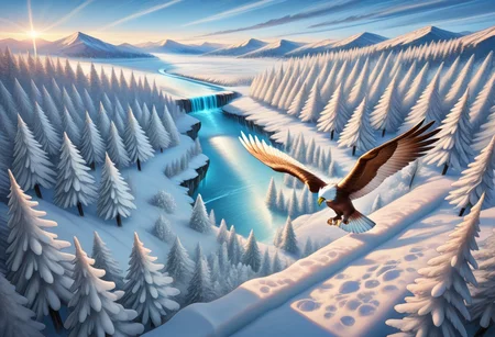no humans, from above, giant eagle, animal christmas, flying eagle, wings spread, flying bird, forest, frozen forest, icicles, snow, mountainous horizon, frozen river, scenery, landscape, wide shot, (yamer:0.9), (Alphonse Mucha Style page:0.3), (mika pikazo:1.2, (kincora:0.6), ais-lineart, dated, detailed, very aesthetic, sensitive,, absurdres, masterpiece, best quality, amazing quality, beautiful, no background, intricate details,