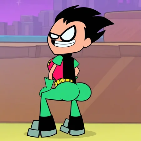 Robin_TTG, 1boy, solo, black hair, spiky hair, eye mask, kevlar-lined red shirt, green sleeves, short sleeves, "R" logo on shirt, yellow lines in center of shirt, green pants, skin tight pants, metal tipped boots, yellow belt, utility belt, green gloves, black and yellow cape, from behind, ass, butt, looking back, looking at viewer, grin, smug, ass focus