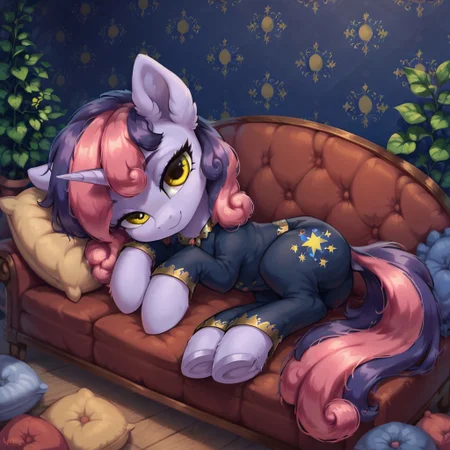 masterpiece, score_9, score_8_up, score_7_up, (best quality:1.1), ultra-detailed, high resolution, solo, 1character, Shinespark, pony, unicorn, feral, female, (((beautiful detailed yellow eyes))), long eyelashes, fluffy pony ears, horn, light lavender skin, two toned mane, pastel pink mane, dark purple mane, fully dressed, full black pajamas, inside, cozy living room, Sleeping, lying on side, pillows, full body, highly visible, sharp focus, perfect lighting, shiny, anatomically correct, extremely detailed, shine on body, high detail, cute, Expressiveh, detailed background