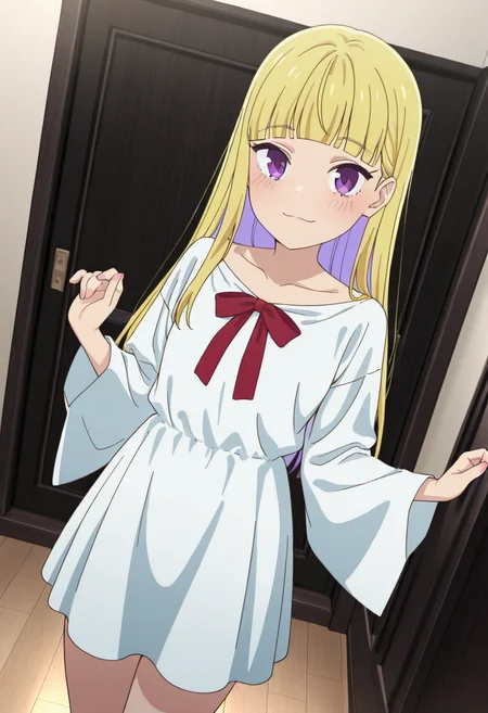 masterpiece,best quality,absurdres,perfect lighting,indoors,wooden floor,
*//*,<lora:HealerGirl_ReimiItsushiro-Illustrious:1>,reimi_itsushiro,1girl,solo,blonde hair,long hair,colored inner hair,purple eyes,blunt bangs,white dress,red bow,wide sleeves,collarbone,
*//*,looking at viewer,cowboy shot,dutch angle,dynamic pose,light smile,