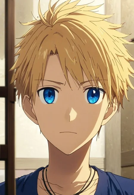 high resolution, solo, best quality, 1Boy, Yamato Ishida, Blond Hair, Blue Eyes, Necklace, existential longing, virtual world, OverallDetail