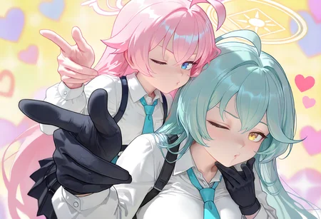 2girls, power of love, yume \(blue archive\), blue archive,
hoshino \(blue archive\), blue archive, puckered lips, one eye closed, heart,
<lora:cfg_scale_boost:0.4>,<lora:nai_noob_new_1536:0.4>,<lora:nyaliaXLNBVP1lokrV6311P:0.5>, <lora:illustriousXL_stabilizer_v1.23:0.4>, <lora:power-of-love:1>, (masterpiece, best quality, newest, highres:1.3), good quality, very aesthetic, absurdres, newest, very awa,