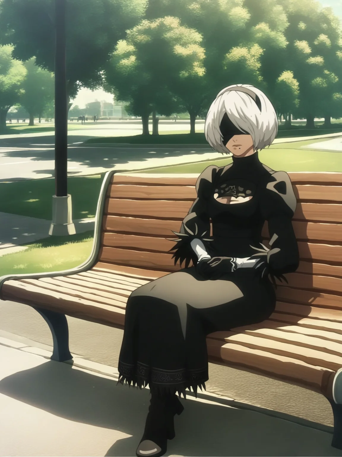 source_anime, rating_safe, YoRHa No.2 Type B, public park, sitting on a bench, score_9, score_8_up, score_7_up, score_6_up, score_5_up, score_4_up <lora:SnKXL:1>