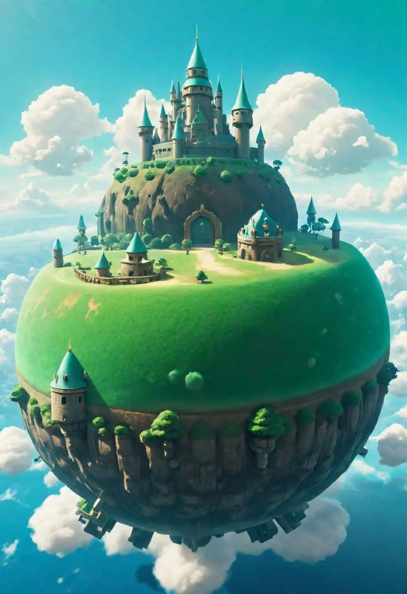 zelda stsyle, a small dark pastel Green/blue planet floating in marine Blue Sky, with castle hyrule standing on it, its towers piercing the fluffy clouds above it