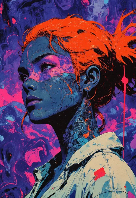 A digital artwork features a side profile of a woman with deep blue, glossy skin that accentuates her sharp facial features and intricate tattoos. Her tattoos are an elaborate mix of abstract patterns in electric blue and white, weaving across her face and neck like fluid brushstrokes. A large, striking magenta symbol resembling a reversed "Ψ" covers her right eye, glowing vividly against her smooth skin.  
Her hair is a bold, fiery orange, flowing in a short, textured style from her forehead to the back of her head, creating an intense contrast. The strands have a painterly quality, blending surreal and expressive brushstrokes. The background is a deep violet canvas filled with swirling, abstract patterns in cyan and pink, resembling an ethereal fusion of organic and geometric shapes. The colors shift and blend like liquid, adding a dreamlike dimension to the composition.  
The overall aesthetic is surreal and avant-garde, with a focus on bold contrasts, expressive textures, and hypnotic visual patterns. The subject's expression remains calm and introspective, standing as a striking figure in a world of shifting colors and abstract forms.