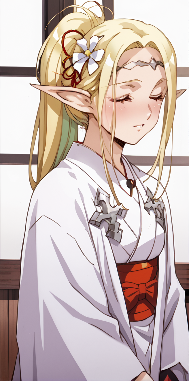 1girl,  absurdres, uncensored,
score_9, score_8_up, score_7_up, score_6_up, source_anime, zPDXL3,
(mature female),
BREAK
indoors, seductive smile, smile,
BREAK
,
BREAK
 elda, red eyes, blonde hair, long hair, pointy ears, elf, hair ornament, hair flower, japanese clothes, kimono, circlet,  
haira, closed eyes, blonde hair, long hair, pointy ears, elf, ponytail, gloves, black gloves, japanese clothes, kimono, forehead mark, facial mark,  <lora:Urushihara Satoshi_XL_PONY_V2:0.9>,<lora:edomaeelf:0.8>