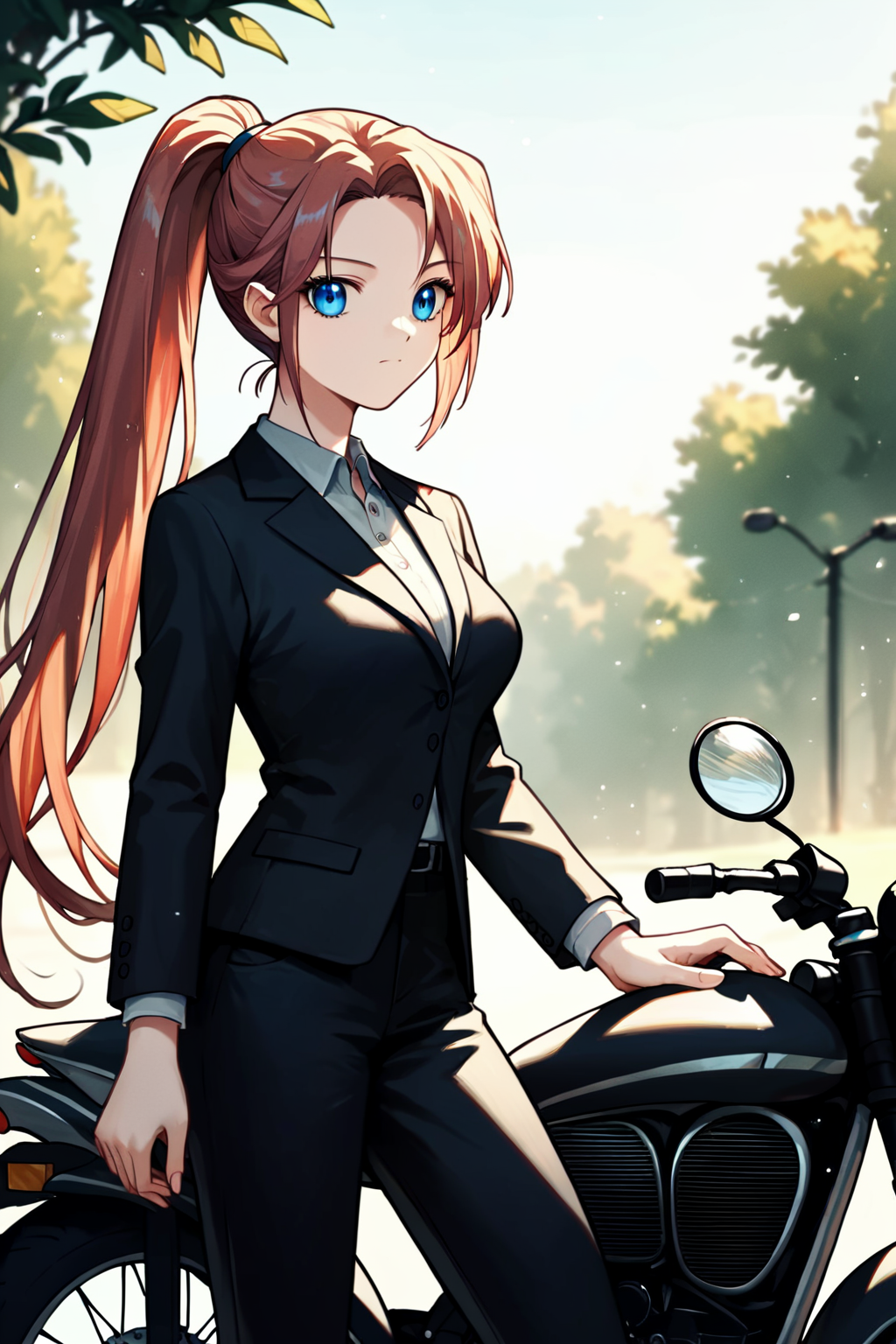 score_9, score_8_up, score_7_up, score_6_up, rating_safe, source_anime, best quality, masterpiece, detailed background, detailed eyes, outdoors, motorcycle, black business suit, black pants, high ponytail, long ponytail, <lora:kamio-haruko-xl-02:1.2>, kamio haruko, blue eyes, medium breasts,