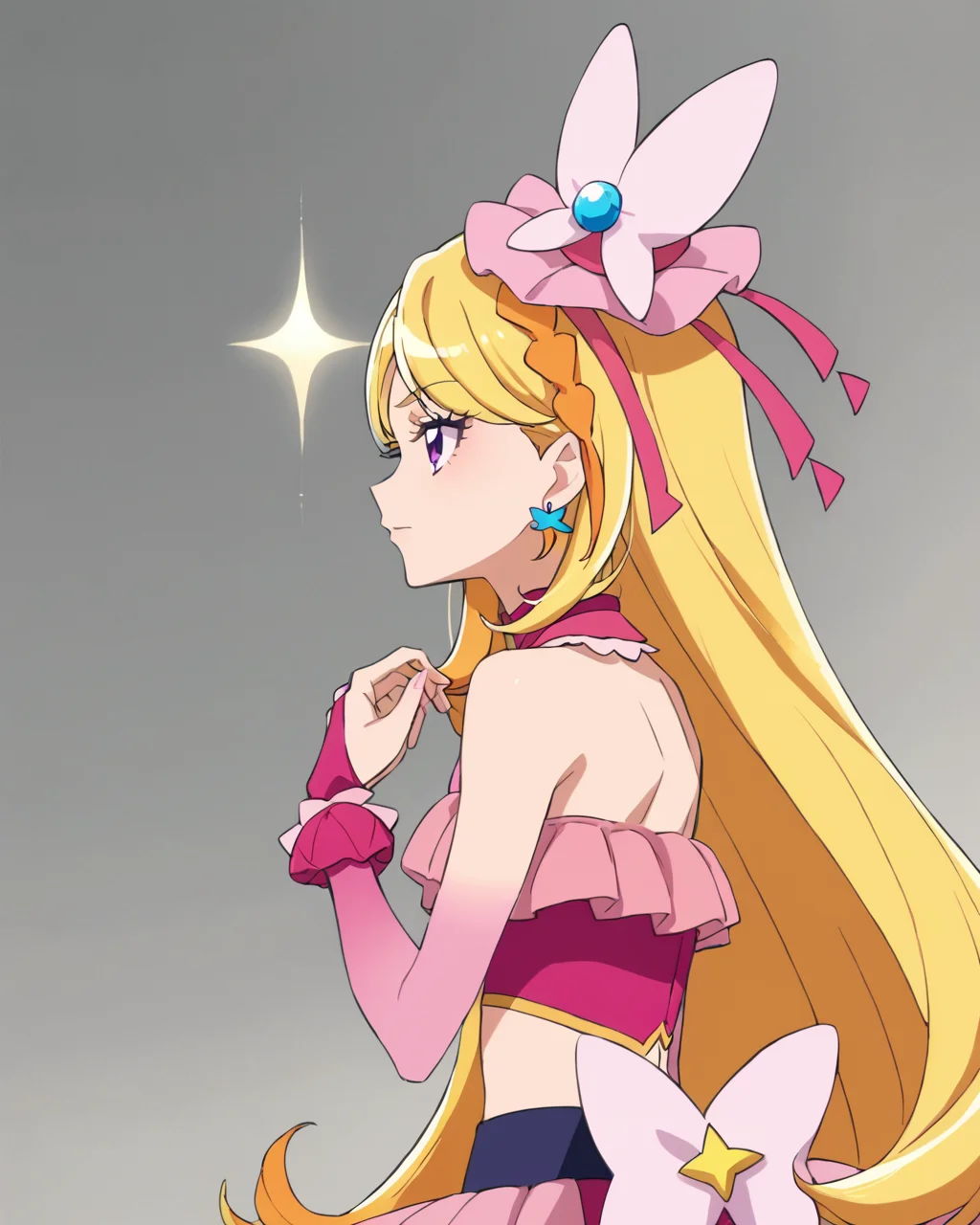 score_9, score_8_up, score_7_up, source_anime,masterpiece,best quality,highres,absurdres,official art,official style,source_anime,anime screencap,anime coloring,megami magazine,anime,animated,explicit,
shiny skin,
<lora:cure_butterfly:1> cure_butterfly, blonde hair, purple eyes,  very long hair, jewelry, frills,  braid, pink bow, earrings, swept bangs, hair bow, crop top,pink gloves,gloves,star (symbol), bare shoulders, detached sleeves, magical girl, sleeveless, hair ornament,  bridal gauntlets, sleeveless shirt, crown braid
