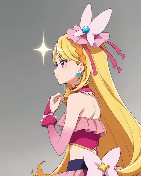 score_9, score_8_up, score_7_up, source_anime,masterpiece,best quality,highres,absurdres,official art,official style,source_anime,anime screencap,anime coloring,megami magazine,anime,animated,explicit,
shiny skin,
<lora:cure_butterfly:1> cure_butterfly, blonde hair, purple eyes,  very long hair, jewelry, frills,  braid, pink bow, earrings, swept bangs, hair bow, crop top,pink gloves,gloves,star (symbol), bare shoulders, detached sleeves, magical girl, sleeveless, hair ornament,  bridal gauntlets, sleeveless shirt, crown braid
