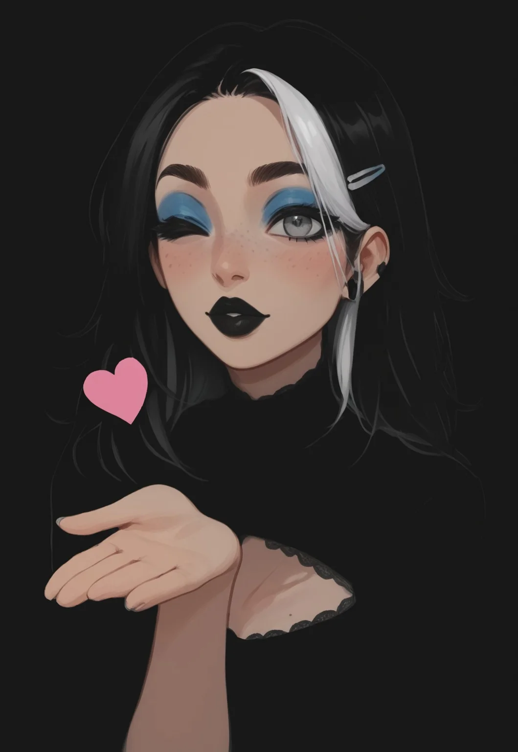 (Blend_in, black background), score_9, score_8_up, score_7_up, masterpiece, best quality, absurdres, vibrant, highly detailed, very aesthetic, sidelightning, (portrait, close-up, focus on face), 1girl, Ally, beautiful, flawless, perfect face, grey eyes, (goth girl, black lace outfit, black low cut silk blouse, cleavage cutout, cleavage, lace-trimmed clothes), goth outfit, hair clips, (black hair with white highlights:1.4), freckles, blue eyeshadow, black lipstick, puckered lips, wink, blush, hand up, open hand, blowing kiss, pink heart