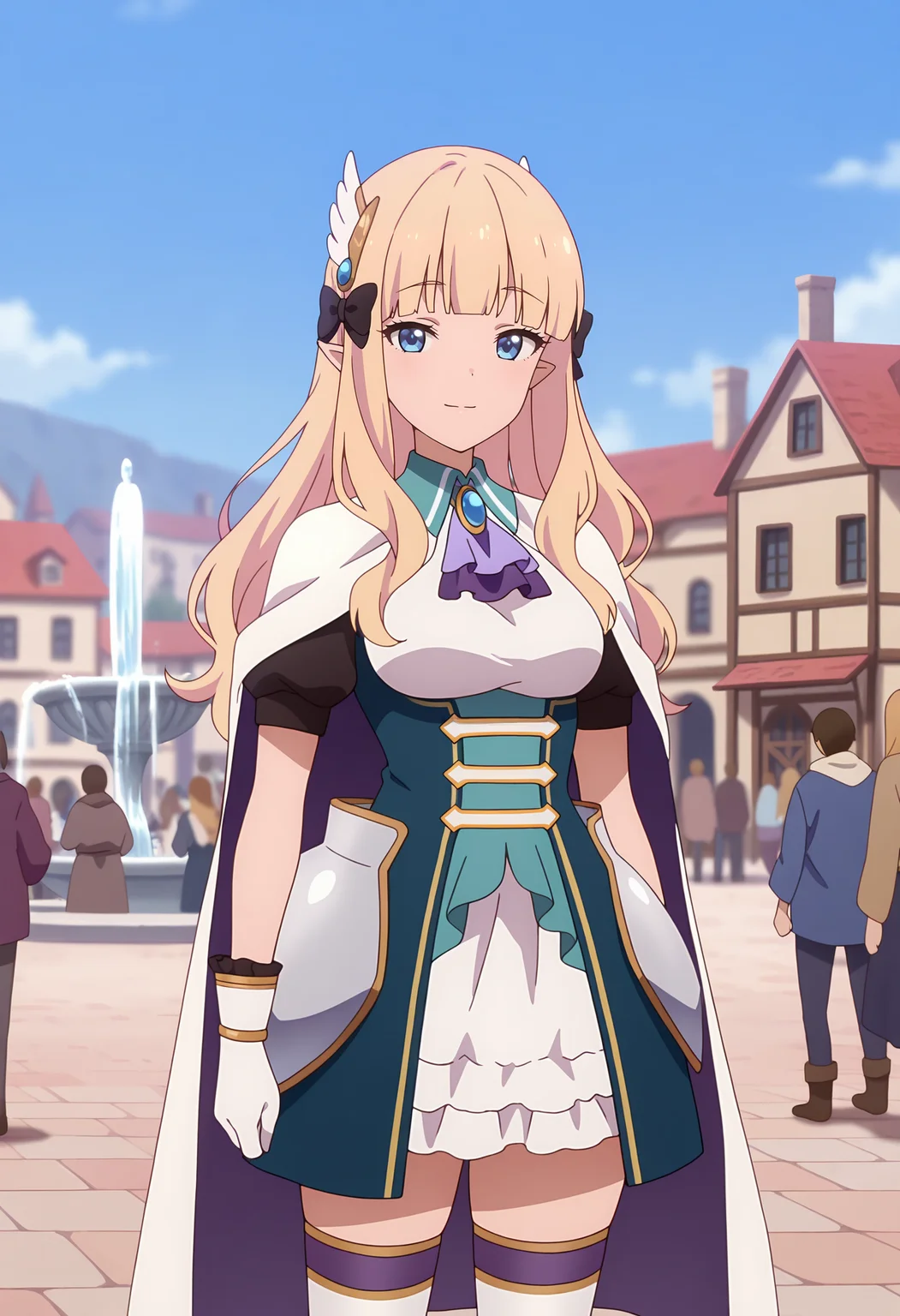 anime screencap, masterpiece, best quality,
<lora:PrincessConnect_Saren_IlluXL:0.9>,
1girl, solo, closed mouth, light smile,
hair rings, long hair, blunt bangs, blonde hair, blue eyes, pointy ears, hair ornament, hair bow, black bow,
SarenDress, white cape, purple ascot, blue brooch, multicolored dress, puffy short sleeves, faulds, white gloves, white thighhighs,
standing, looking at viewer, cowboy shot,
town, medieval, building, fountain, blurry background, people, day, blue sky