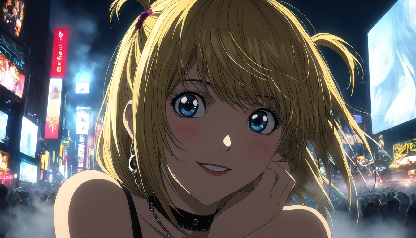 1girl, portrait of Misa Amane, death note, Modern Anime, adult female, From Death Note anime, best quality, 8K, DSLR quality, Bloom Lighting, Good Face, Beautiful Face, Slim, highly detailed, glow, extreme details, fog, smoke, blond hair, full body, long shot, wide shot, happy, smile, perfect eyes, <lora:perfect-eyes:1>, perfecteyes, eyes reflection, detailed eyes, upper body, hdr quality, full of color, smoke, cinematic, night, moon light, 2010s, windy, hair swaying in wind, purple nail polish, nigh time, blue eyes, grainy, chromatic aberration, adult woman, Depth of field effect, uwu, cute, blush, perfecteyes, eyes reflection, detailed eyes, upper body, shy smile, hdr quality, hands doing cute pose, full of color, smoke, detailed hands, 5 fingers, good hands, cinematic, in city, times square, no crowd, <lora:misa_amane-step00000862:1>