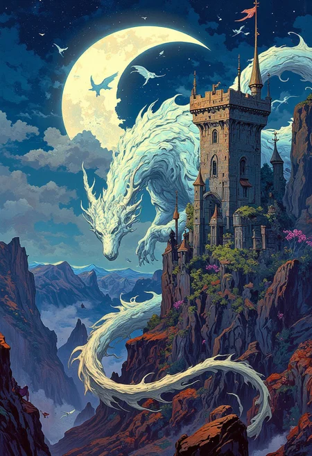 mystical land, knight's castle, watercolor, magical, dreams, fantasy, double exposure, tiny details,extremely detailed, flying dragon, midnight, full moon, Vibration colors, 4K, main motif in the picture on the right, fog