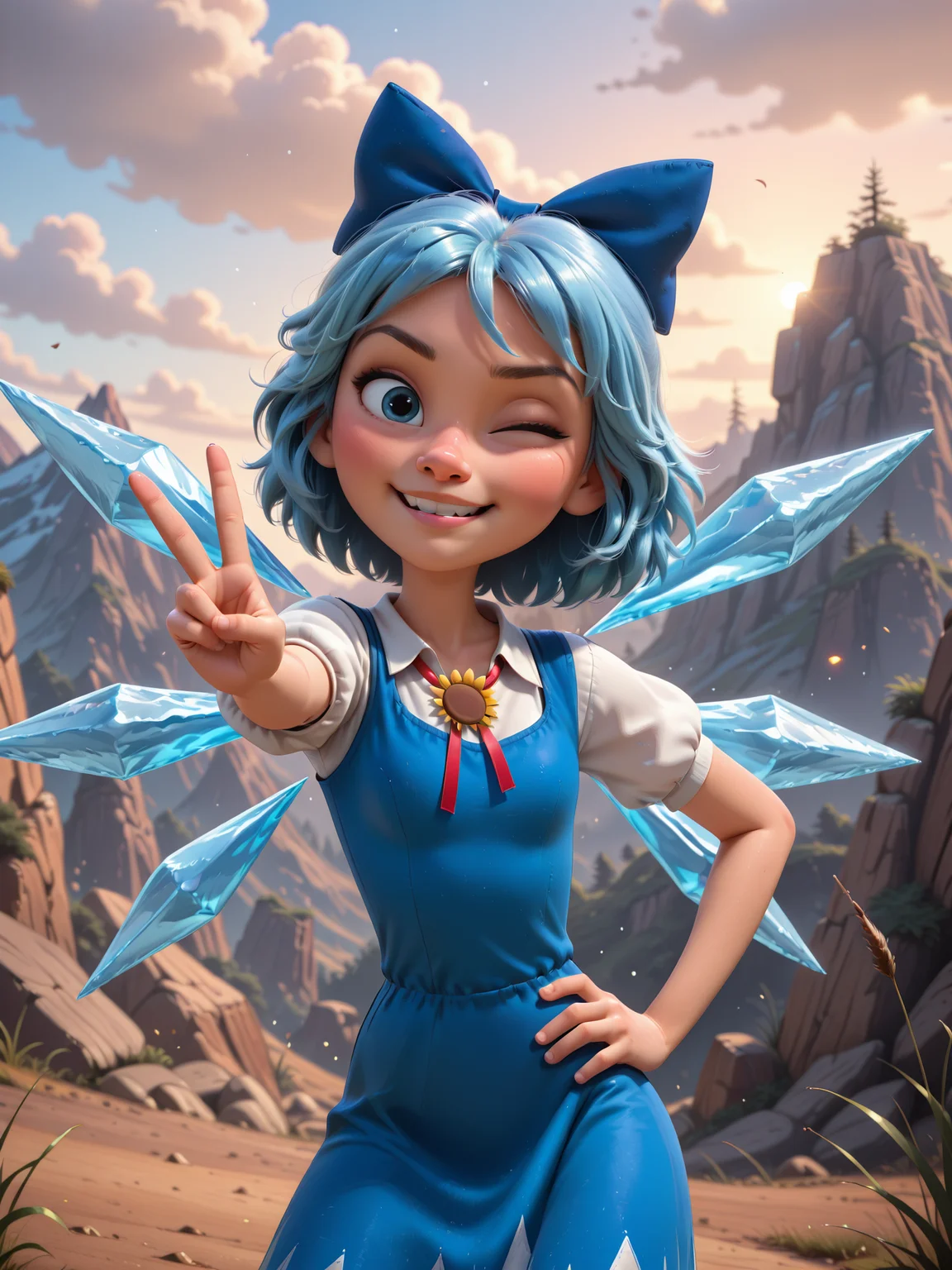 <lora:princess_rc_il:0.8>, 1girl, (cirno:1.4), looking at viewer, magical effects, expressive face, playful pose, hand on hip, peace, wink, smile, outdoors, wilderness, cowboy shot, dynamic angle, Pixar, Disney