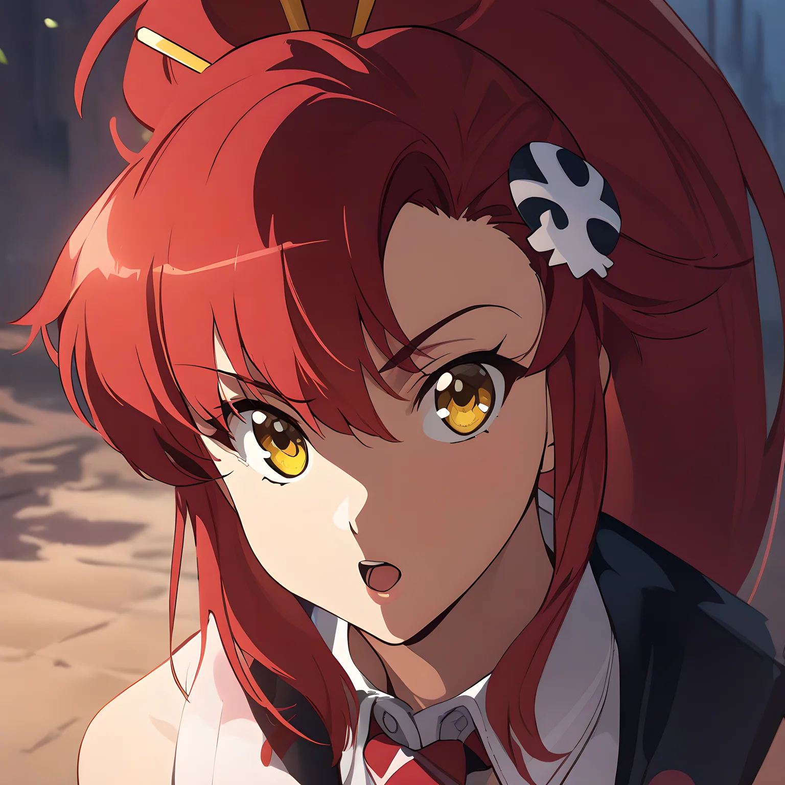 (masterpiece),(best quality),(ultra-detailed),(best illustration),(best shadow),(absurdres),(detailed background),(very aesthetic), yoko littner, 1girl, solo, red hair, parody, gloves, yellow eyes, long hair, style parody, open mouth, hair ornament, ponytail, necktie, portrait, very close-up<lora:Yoko_Littner:1>