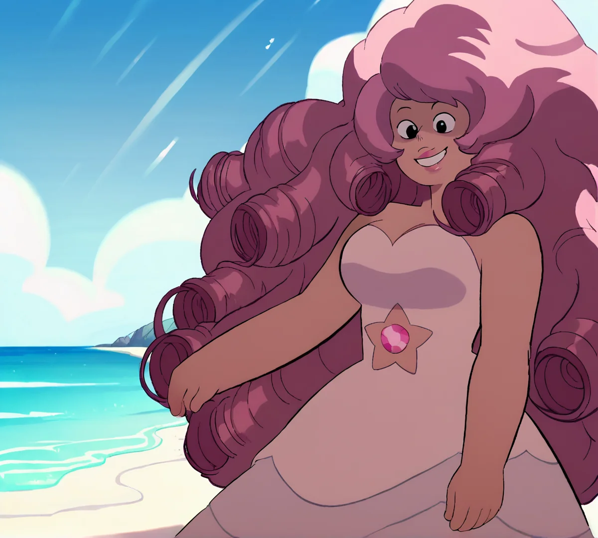 Rose Quartz, black eyes, zPDXL, best quality, amazing quality, score 9, 1girl, smile, beach, ocean, standing, dress, <lora:Rose_Quartz:1>
