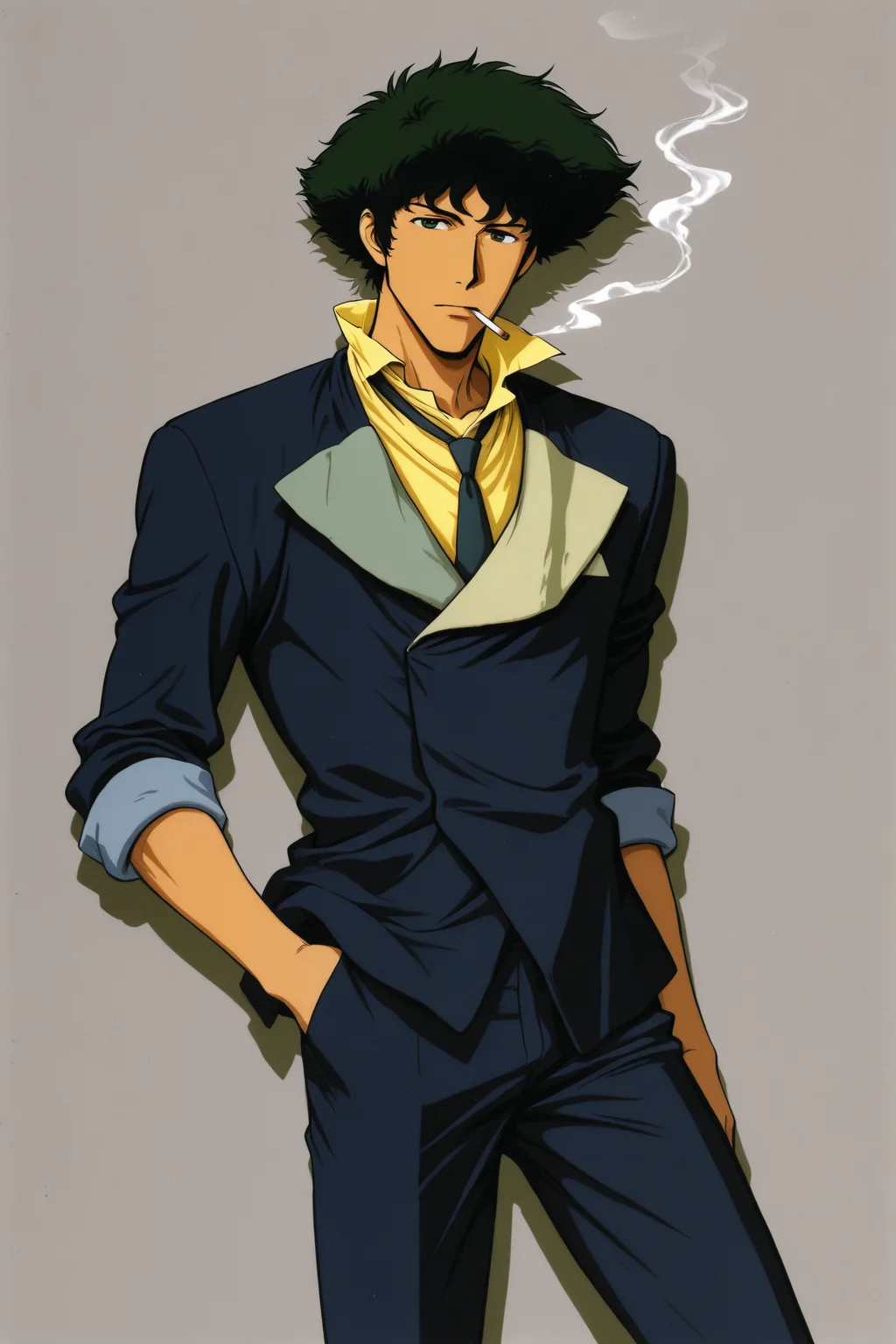 Spike Spiegel,1boy,male focus,solo,cigarette,necktie,yellow shirt,smoking,jacket,shirt,suit,pants,formal,hand in pocket,shadow,looking at viewer,smoke,collared shirt,drop shadow,
<lora:Toshihiro Kawamoto_illustriousXL:1>,