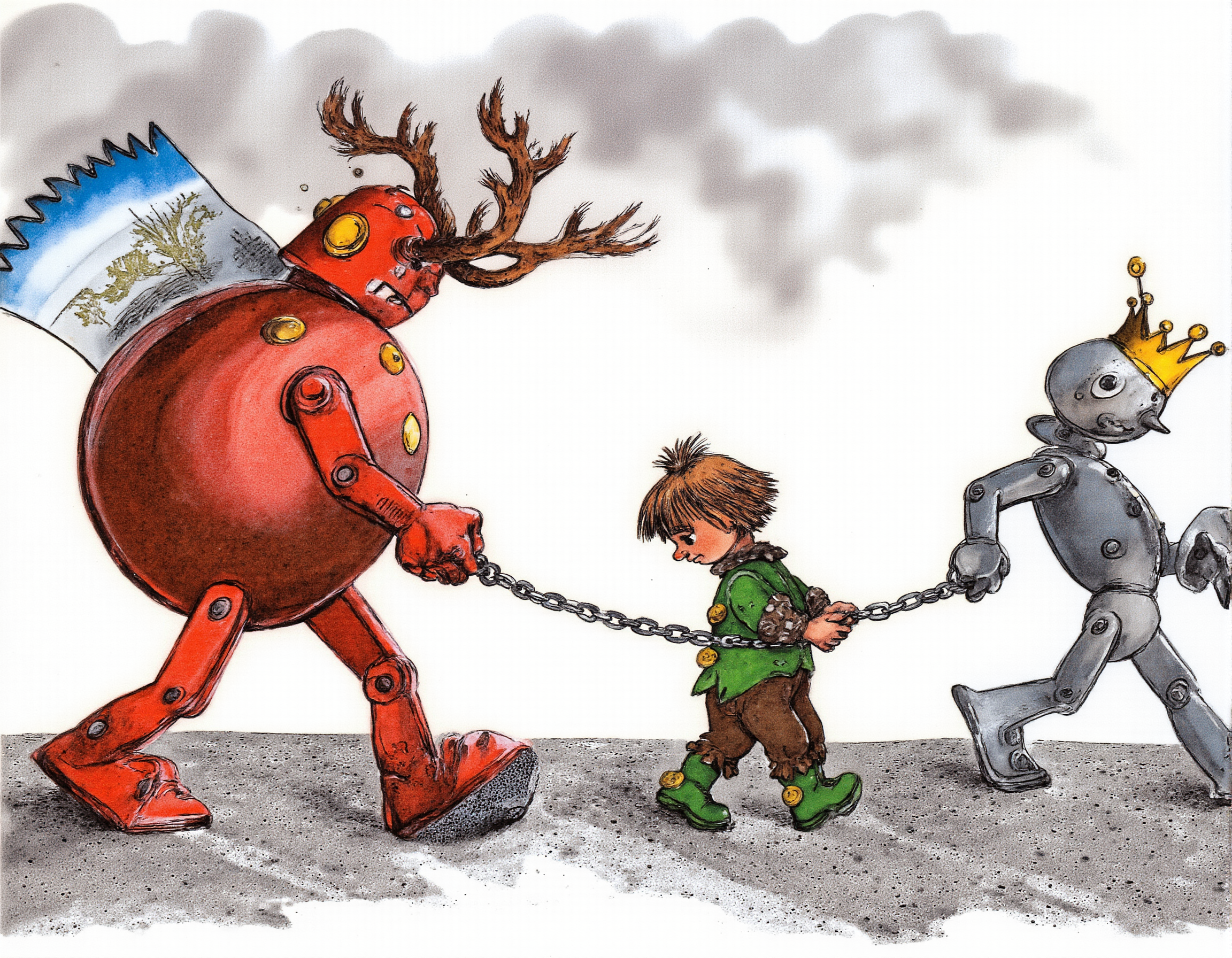 <lora:lv:1>, This is a whimsical, hand-drawn illustration in a cartoon style. The scene depicts three characters walking on a gray, textured ground. On the left, a large, red, robotic humanoid figure with a circular body and mechanical limbs, adorned with yellow and black accents, has a large, serrated blade protruding from its back. Its head resembles a reindeer with antlers and a leafy crown. The robot is holding a small, green, human-like figure by a chain leash, leading them forward., 
The green figure, with short, tousled hair, wears a green jacket with a gold button, brown pants, and boots. They have a distressed expression, looking down and slightly to the right. The third character, on the right, is a tall, slender robot with a gold crown, a blue and gray body, and a faceless head. They wear a black and white striped shirt, gray pants, and boots, and carry a small, round object in their hand., 
The background is a gradient of light to dark gray, suggesting a cloudy or overcast sky. The illustration uses bold, expressive lines and vibrant colors to convey a playful and somewhat surreal atmosphere.