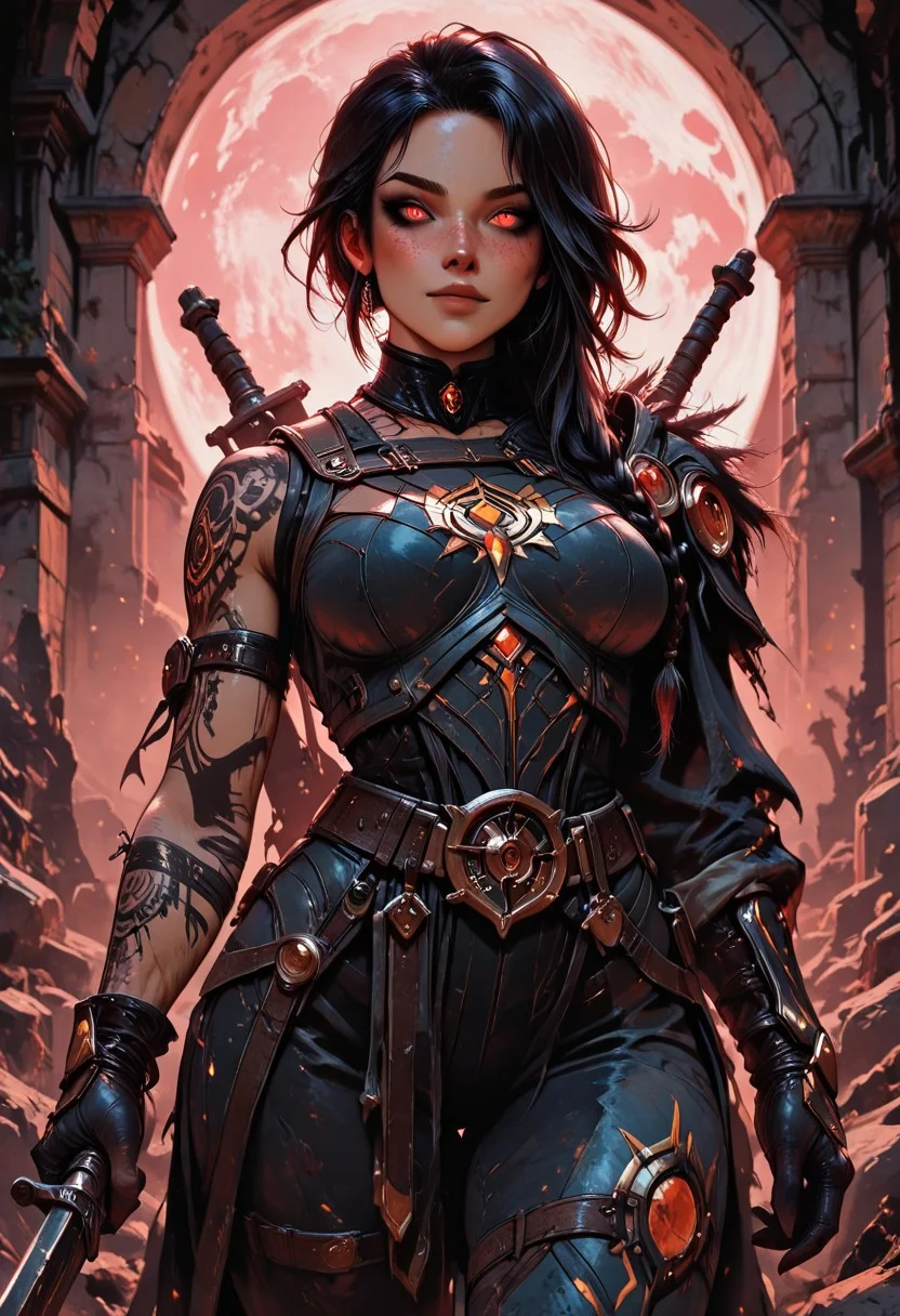 highres, very detailed, amazing quality, masterpiece,
very aesthetic, vibrant colors,
particle effect,
1girl, LunaWF, tan skin, vault, vault guardian, ancient protector, ancient weapon, hip sling, weapon on sling, hand on weapon, white braided hair, asymmetrical hair, asymmetrical sleeves, one sleeve rolled up, bicep, looking at viewer, forearm tattoo, asymmetrical clothing, beautiful eyes, eyes open, detailed eyes, freckles, 
at night, night, moonlight, midnight, shadows, dark, darkness, 
Cowboy shot, close up, 
Front view, view from the front, facing viewer,