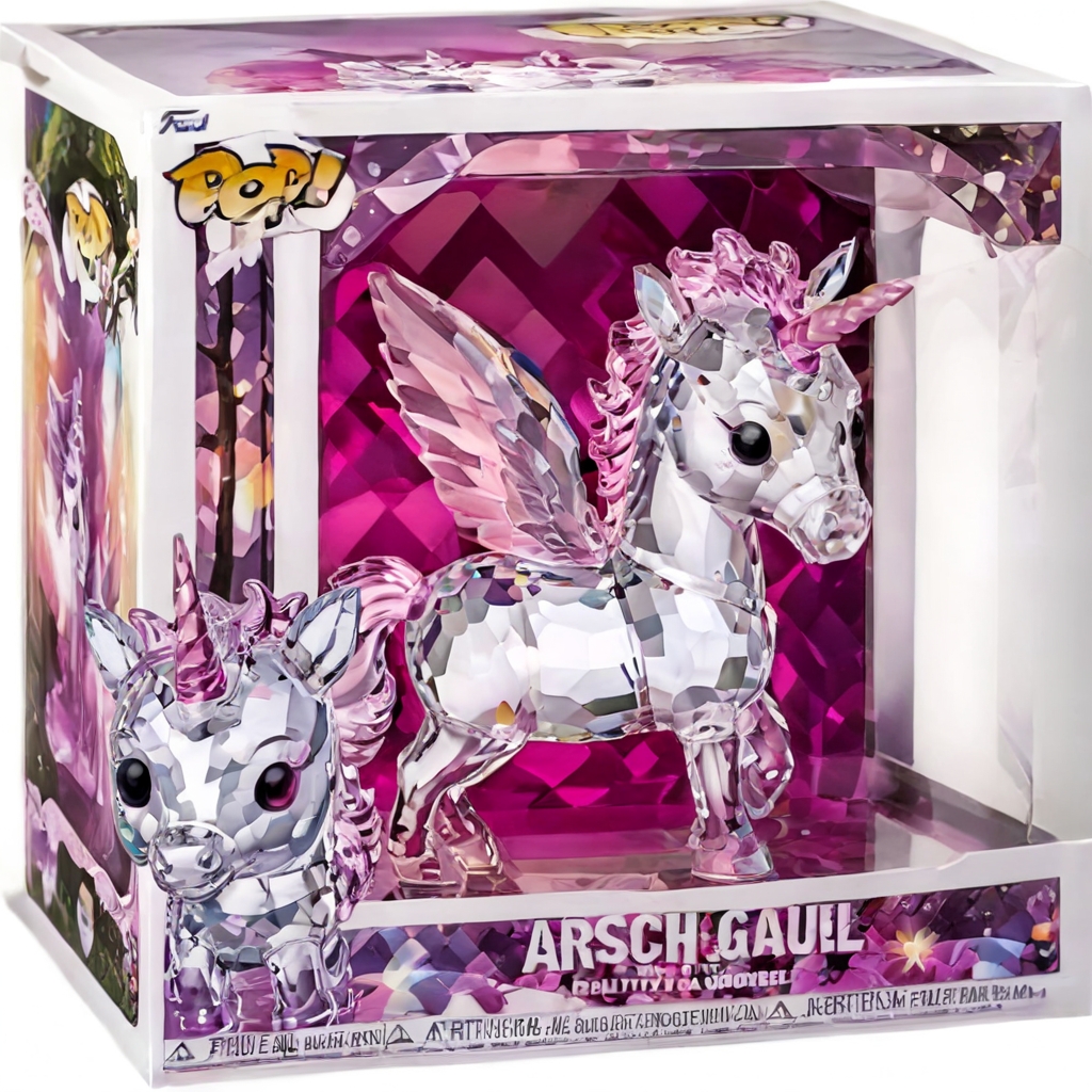 Funko Pop,arschgaul, cute fluffy pamcrystal unicorn, batterflys and magic forest background,in a Funko Pop box,highly detailed,masterpiece,high quality, 8K Ultra HD, dark