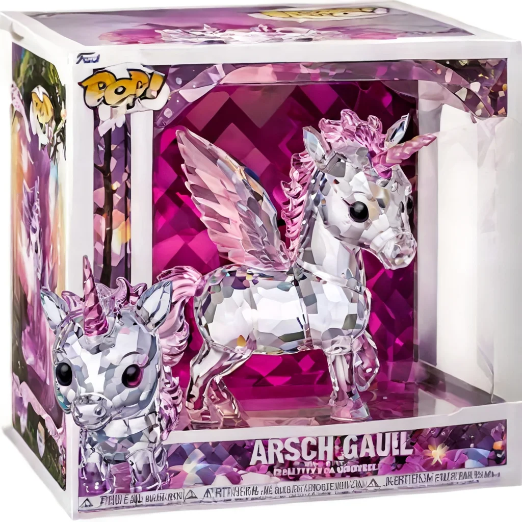 Funko Pop,arschgaul, cute fluffy pamcrystal unicorn, batterflys and magic forest background,in a Funko Pop box,highly detailed,masterpiece,high quality, 8K Ultra HD, dark