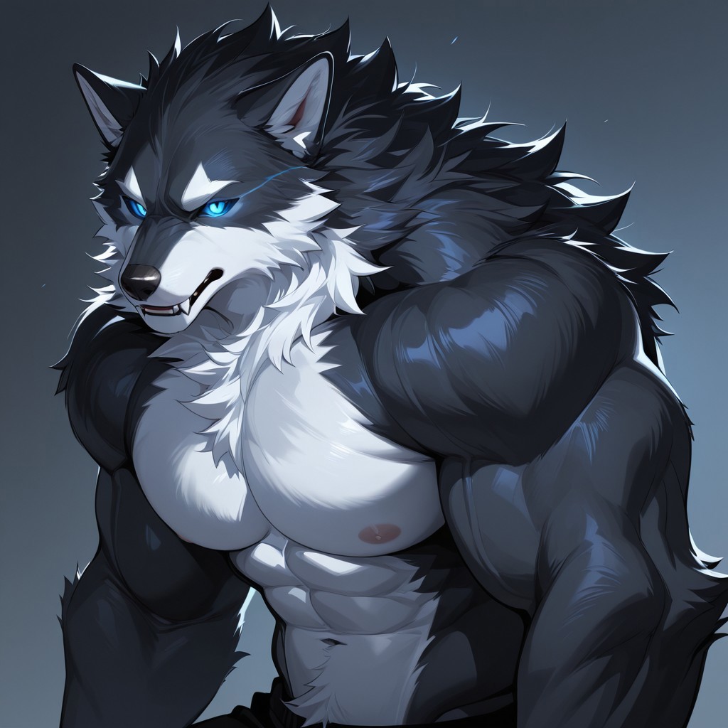 masterpiece, detailed background, best quality, absurd res, high detail, aesthetic, smooth drawing, 
Werewolf, Male, Canine, Muscular, Buff, Black fur, white fur, two toned fur, neck tuft, white underbelly, head tuft, black sclera, fangs, blue eyes, glowing eyes, no pupil, fluffy,