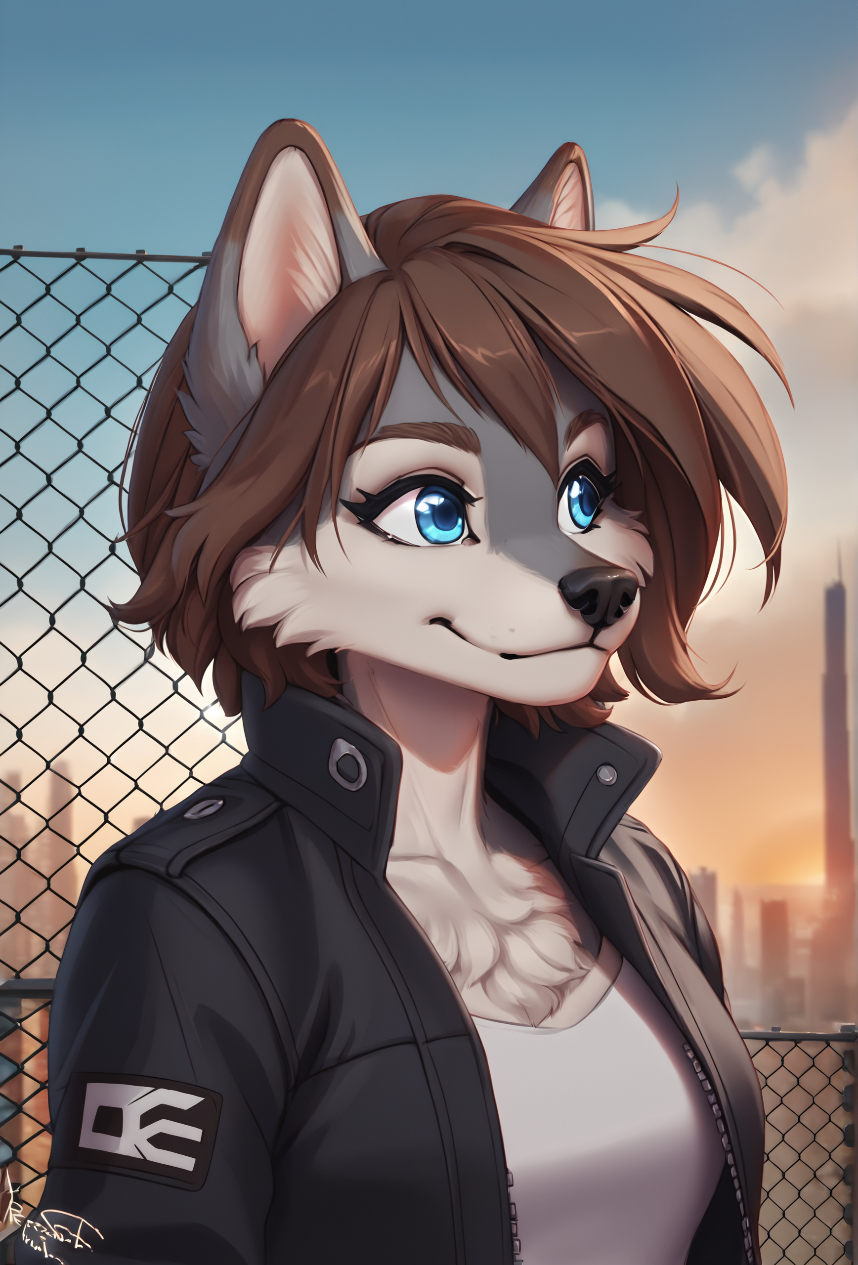 outdoors, city, sunrise, source_furry <lora:personalami_style_ponyXL_v1:1> personalamistyle
 <lora:tala_fluffkevlar_ponyXL_v1.1:0.7> tala, furry, wolf girl, 1girl, solo, medium hair, blue eyes, grey fur, brown hair, black jacket, smile, (eye reflection:1.2), wind, chain-link fence, closed mouth