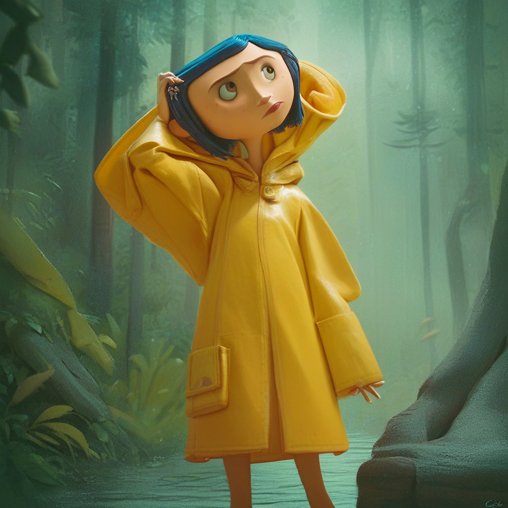 score_9, score_8_up, score_7_up, score_6_up, score_5_up, score_4_up, 1girl, CoralineClay, yellow raincoat, in a forest