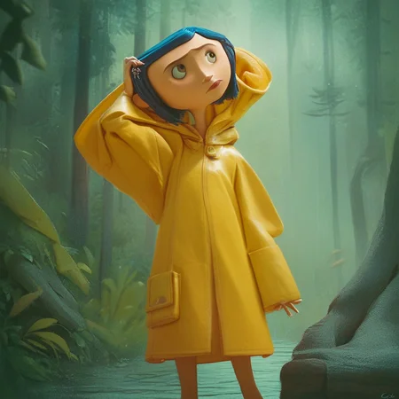 score_9, score_8_up, score_7_up, score_6_up, score_5_up, score_4_up, 1girl, CoralineClay, yellow raincoat, in a forest