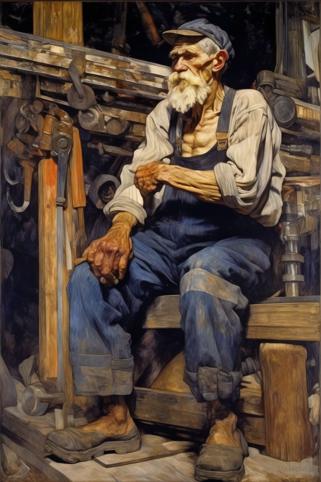 <lora:Mikhail Vrubel Style:1>Mikhail Vrubel Style - an old and wise man returns from thousand-year exile and works as a constructon worker in 2023 Helsinki in the style of Akseli Gallen-Kallela