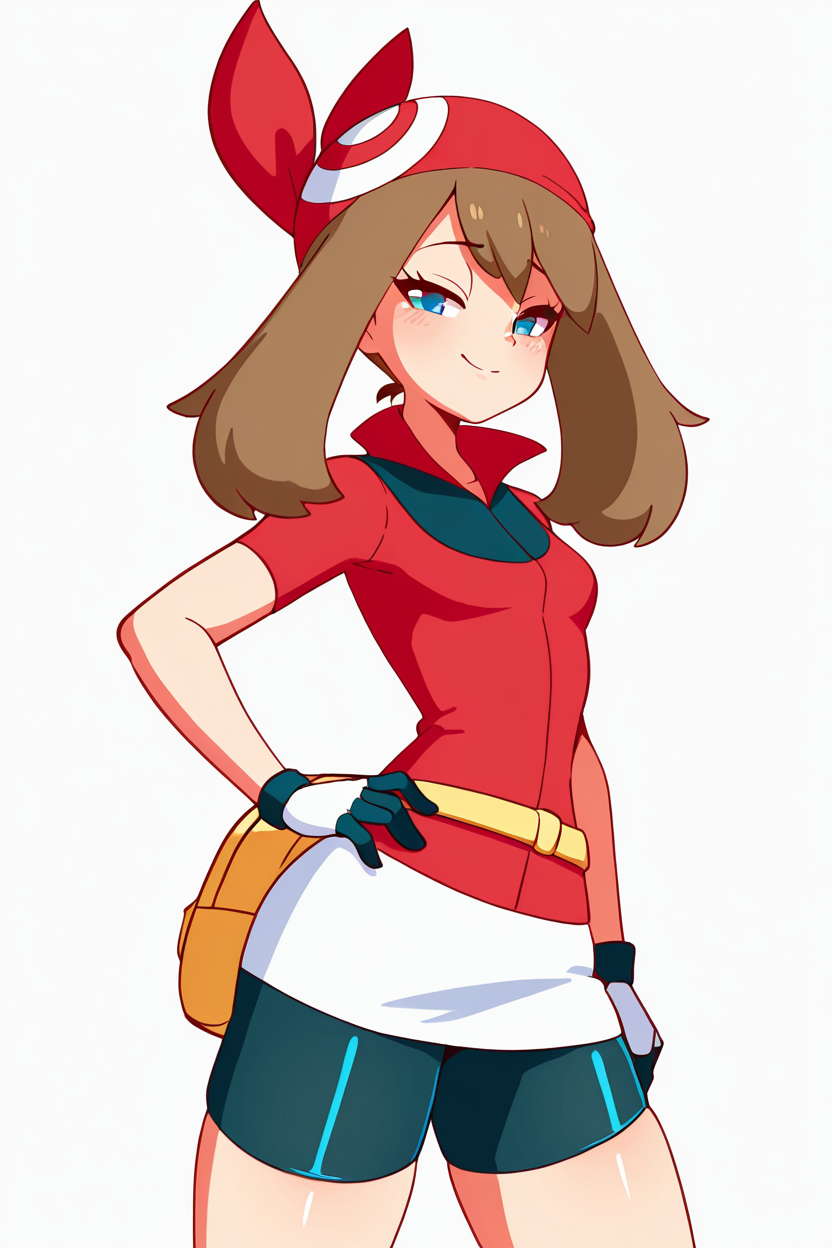 masterpiece, best quality, zzMay, may (pokemon), solo, brown hair, blue eyes, medium hair, red shirt, bike shorts, red bandana, red shirt, gloves,  white miniskirt, yellow belt,  <lora:MayPokemonIXL_v2:1.0>,   <lora:DiivesIXL:1.0>,cowboy shot, hand on hip, smug, smile, looking at viewer, shiny skin,