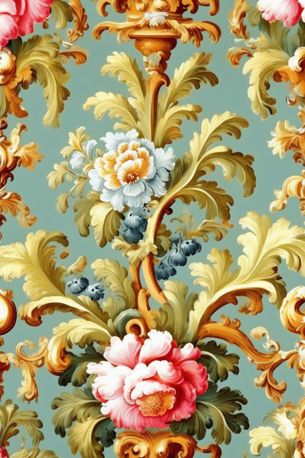 <lora:Anna Maria Garthwaite Style:1>Anna Maria Garthwaite Style - Please create a fabric design that integrates elements of Rococo art and the image of a Rococo interior. The pattern should be seamless, repeating, and cyclical. The colors should be marked with Pantone TPX color numbers, using no more than six colors. Specifically, we're looking for a soft white (Pantone 11-0601 TPX) to symbolize the Rococo plaster, a light pink (Pantone 13-2804 TPX) to symbolize the Rococo silk, a light beige (Pantone 14-1118 TPX) to symbolize the Rococo wood, a bright gold (Pantone 16-0836 TPX) to symbolize the Rococo gilding, a deep blue (Pantone 19-4050 TPX) to symbolize the Rococo velvet, and a metallic silver (Pantone 14-5002 TPX) to symbolize the Rococo mirror. The pattern style should reference Rococo elegance and sophistication, and the interior figures should be presented in a delicate and intricate way. The lighting should be soft, as if under the glow of a Rococo chandelier. Please create in ultra-high definition, rich in detail, and 16K resolution.