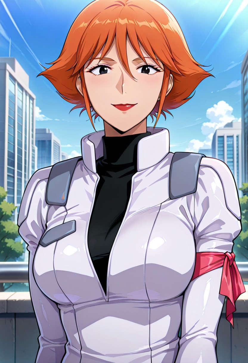 ((masterpiece, absurdres)), best quality, amazing quality, newest, 4k, anime coloring, very aesthetic, ray tracing, Smooth Quality, CG, city view,helen, brown skin ,1 mature female, orange hair, short hair, black eyes, red lips, pilotsuit, turtleneck t-shirt, arm ribbon,upper body, smile